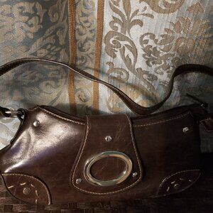 Brown Leather Type Material Shoulder Bag with Silver Accents